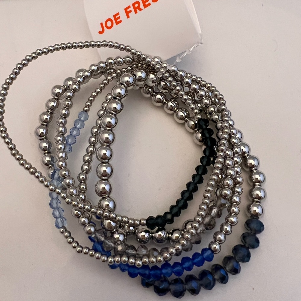 Joe Fresh Multi Strand Silver And Blued Beads Elastic Bracelet Brand New